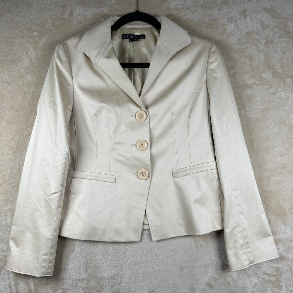 Lafayette 148 New York Cream Sateen 3 Button Blazer Jacket Womens Size 2